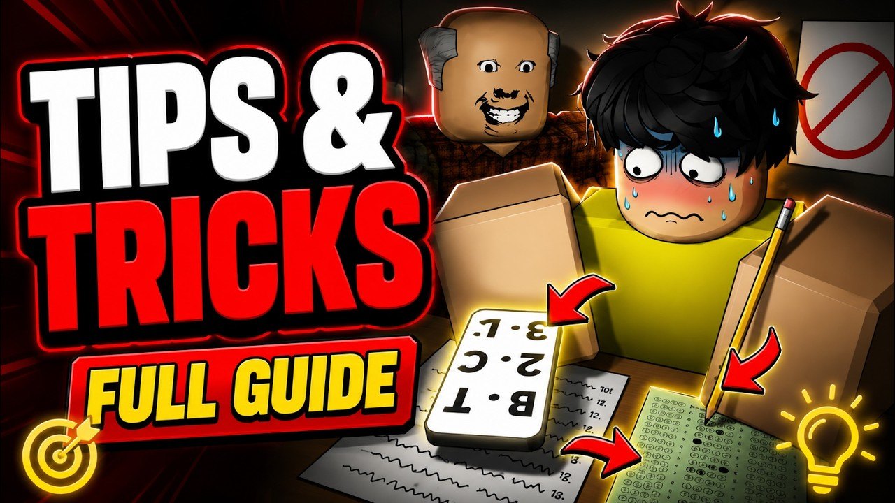 Cheating During Testing gameplay — phone cheat during a Roblox classroom exam